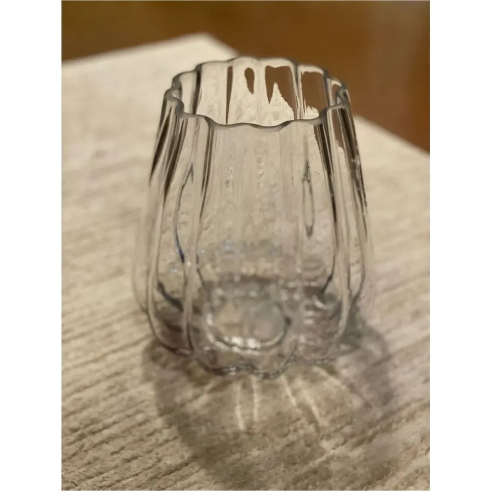 Elegant Large Clear Glass Ribbed Vase - Home Accents (8”H - 7” W) W/Faux Flowers